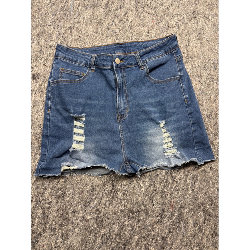 SHEIN Curve Distressed Denim Shorts Medium Wash Raw Hem High Rise 1XL